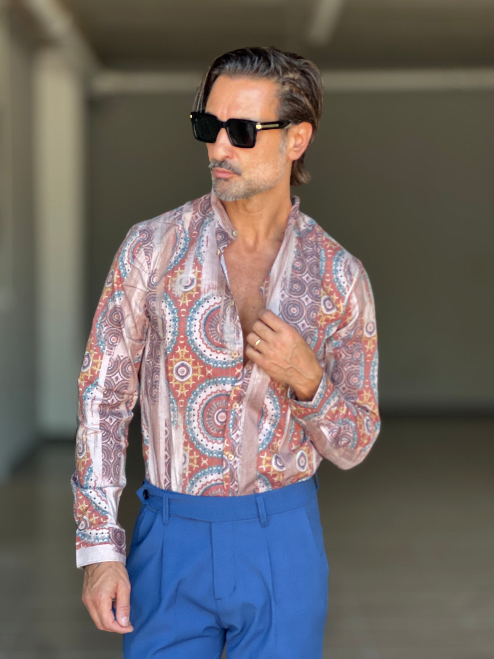 CAMICIA   COREANA STAMPA CASHEMERE FONDO BEIGE COTONE STRECH