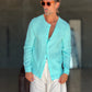 CAMICIA COREANA VERDE ACQUA GOFFRATA COTONE  EFFETTO LINO