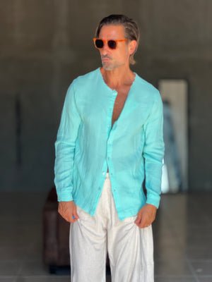 CAMICIA COREANA VERDE ACQUA GOFFRATA COTONE  EFFETTO LINO