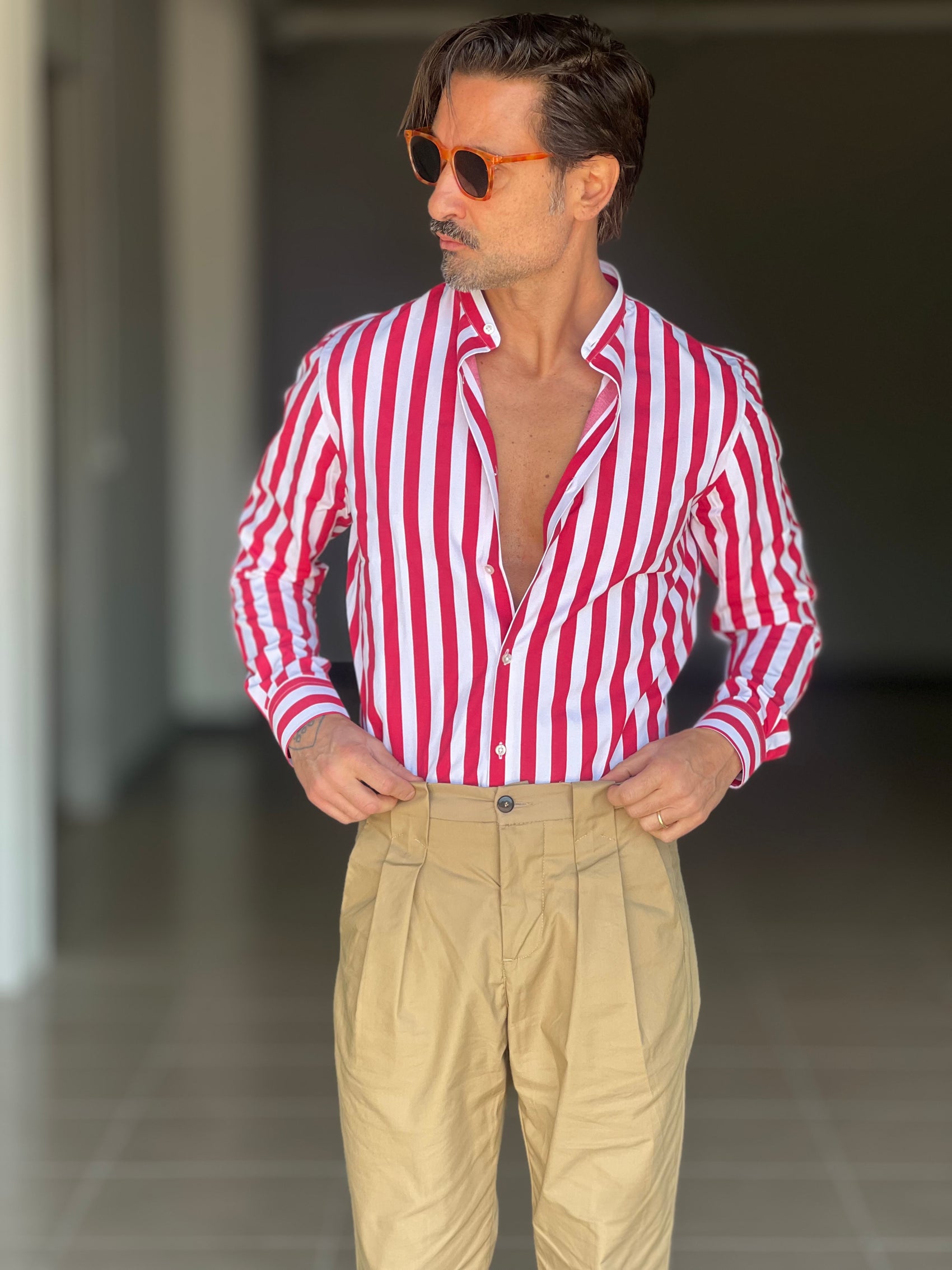 CAMICIA BIANCA E ROSSA  COREANA   POPELINE DI COTONE STRECH