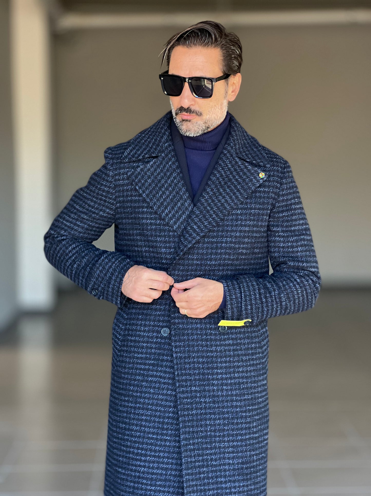 CAPPOTTO  NERO  E BLU DOPPIOPETTO PIE DE POULE