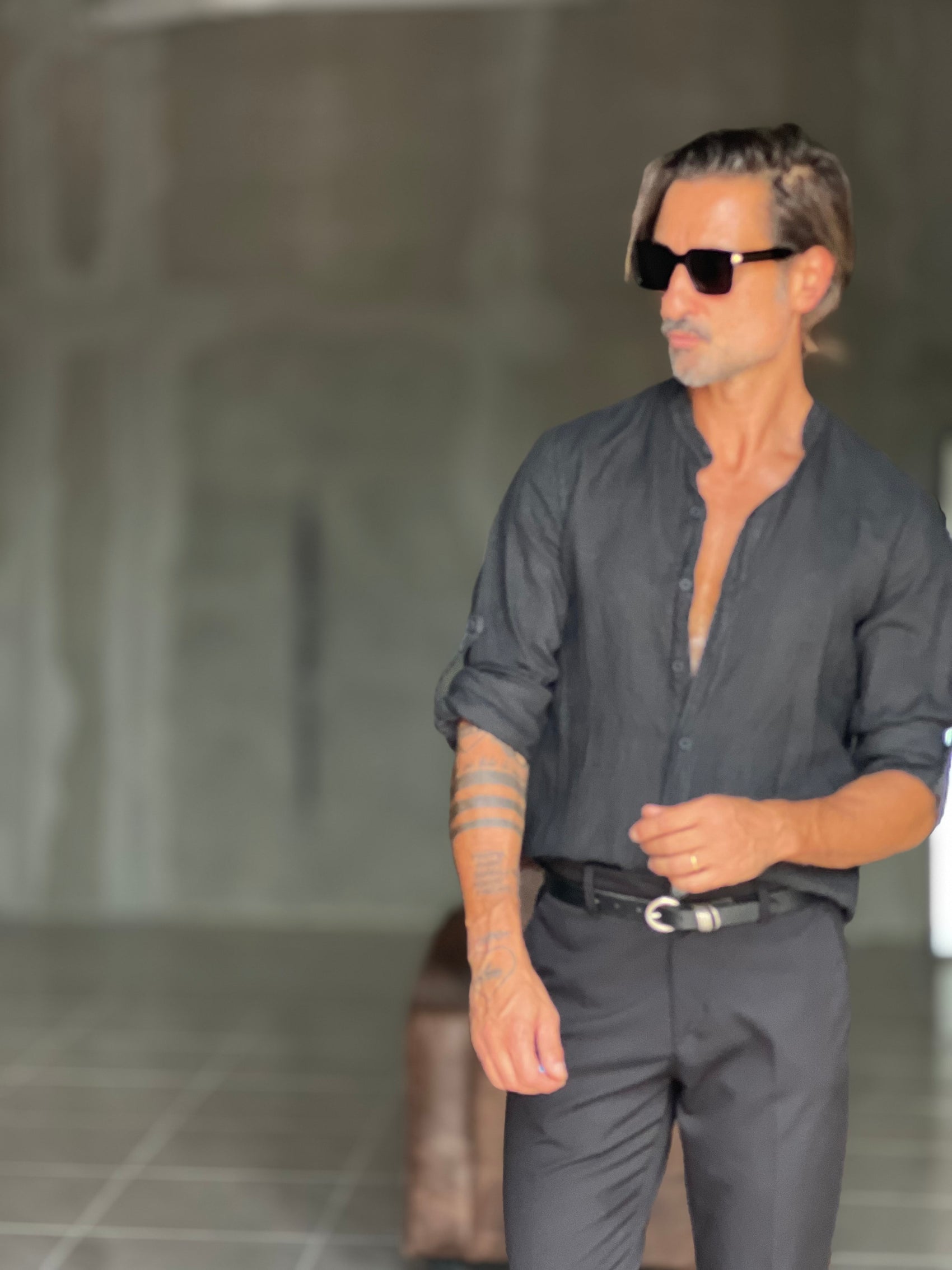 CAMICIA COREANA NERA  LINO