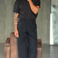PANTALONE NERO FONDO AMPIO ALTATENSIONE 0101 ( ABBINABILE ALLA GIACCA CROP NERA  0101)