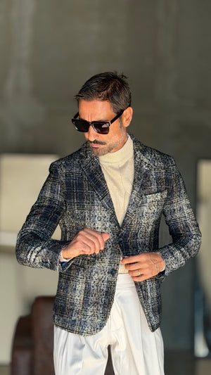 GIACCA TARTAN FONDO BLU E BEIGE EFFETTO PANNO BL11