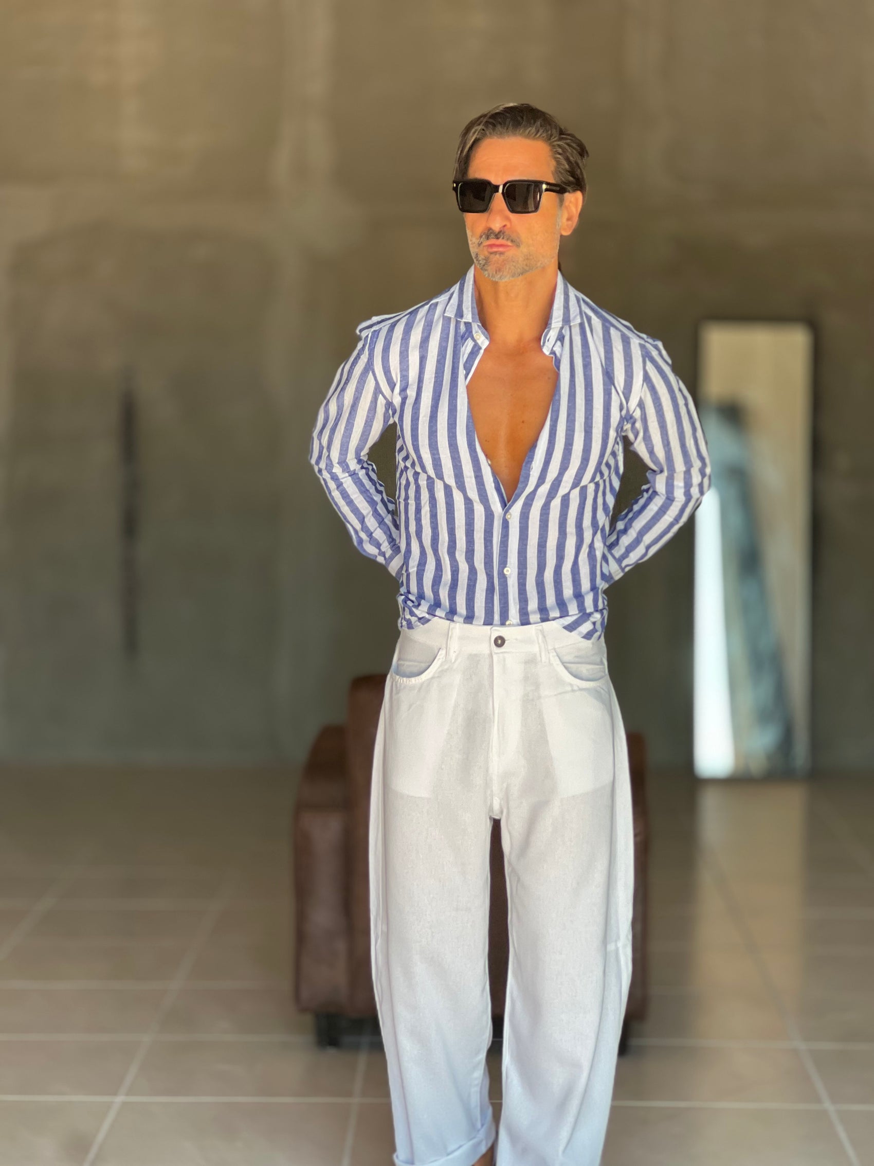 CAMICIA   BACCHETTA GRANDE  BIANCA E BLU   LINO E MISTI COLLO ITALIANO
