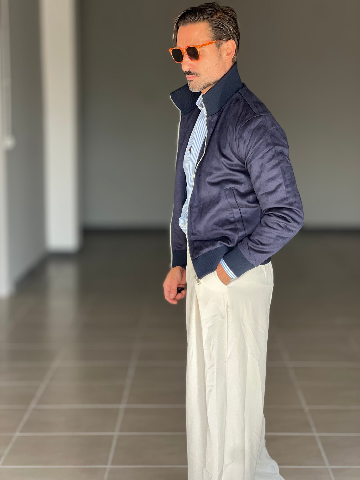 BOMBER ECOSUED BLU  COLLO IN MAGLIA