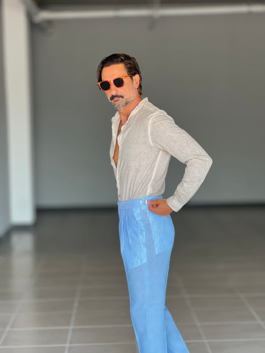 PANTALONE CELESTE  VITA ALTA  LINO E MISTI