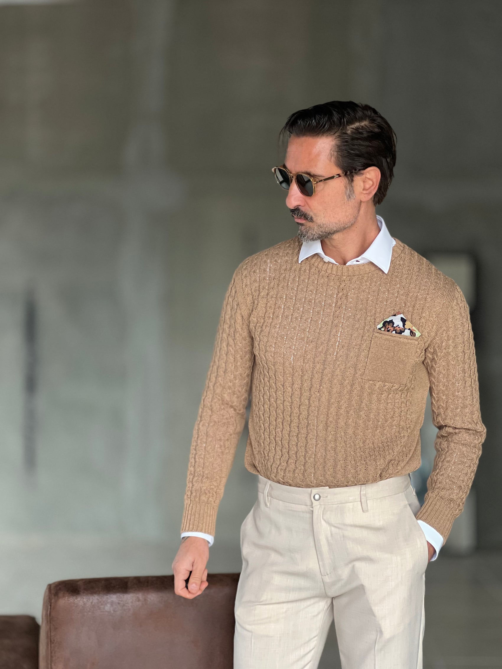MAGLIA TORTORA  TRECCIA COTONE TASCHINO