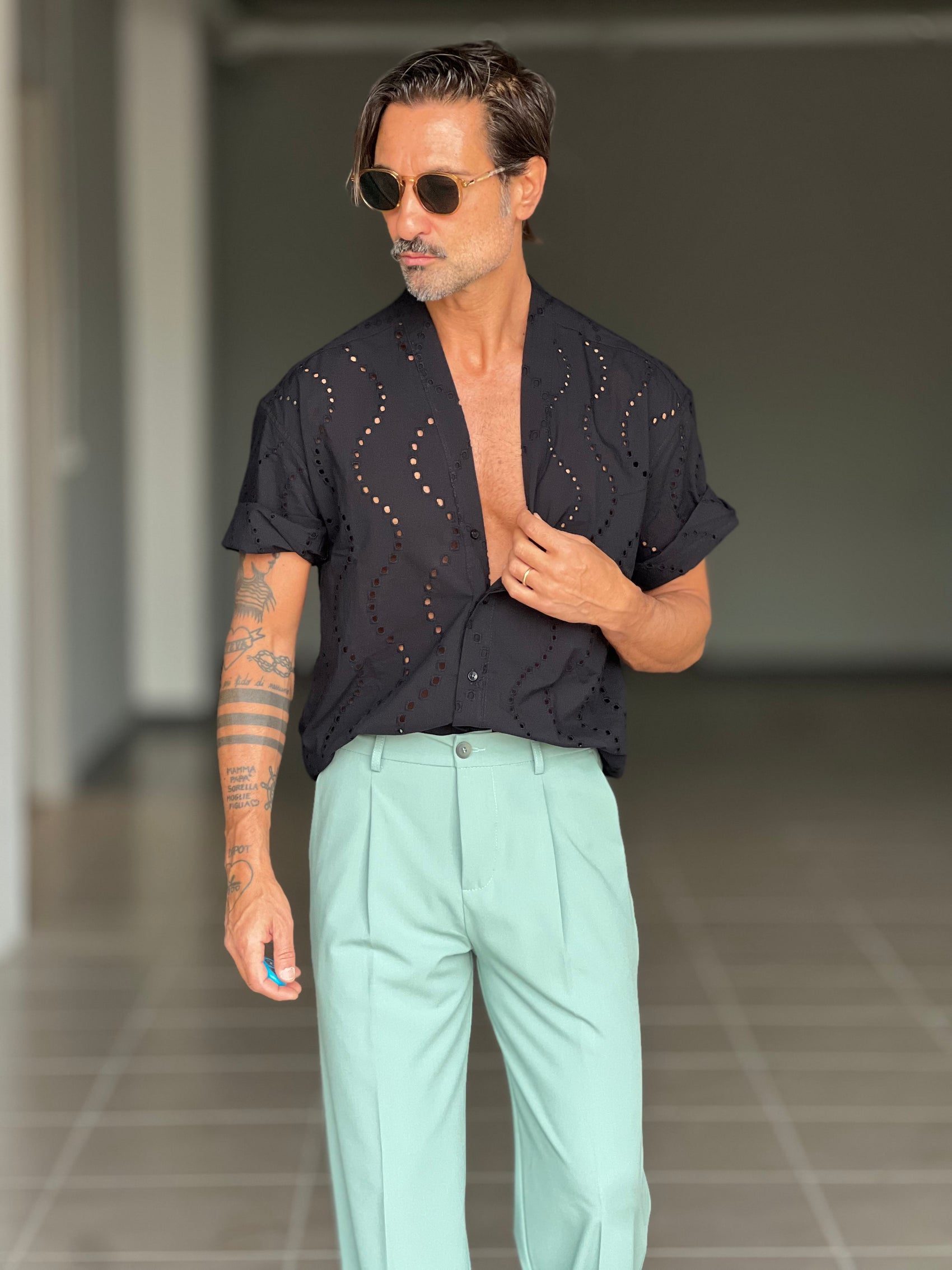 CAMICIA NERA KIMONO  CROP LINO E MISTI 00202