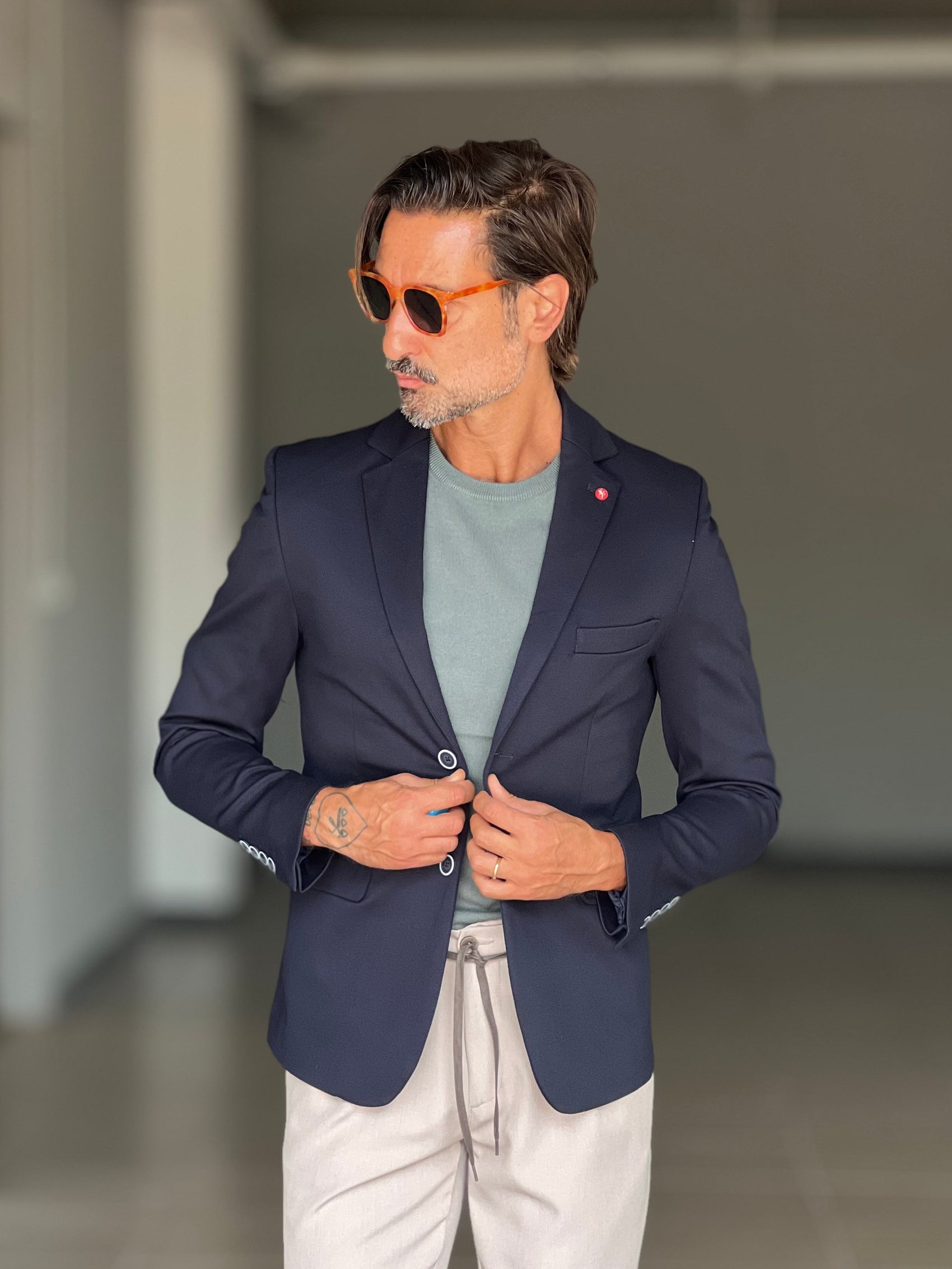 GIACCA MONOPETTO BLU TESSUTO RIGATO STRECH