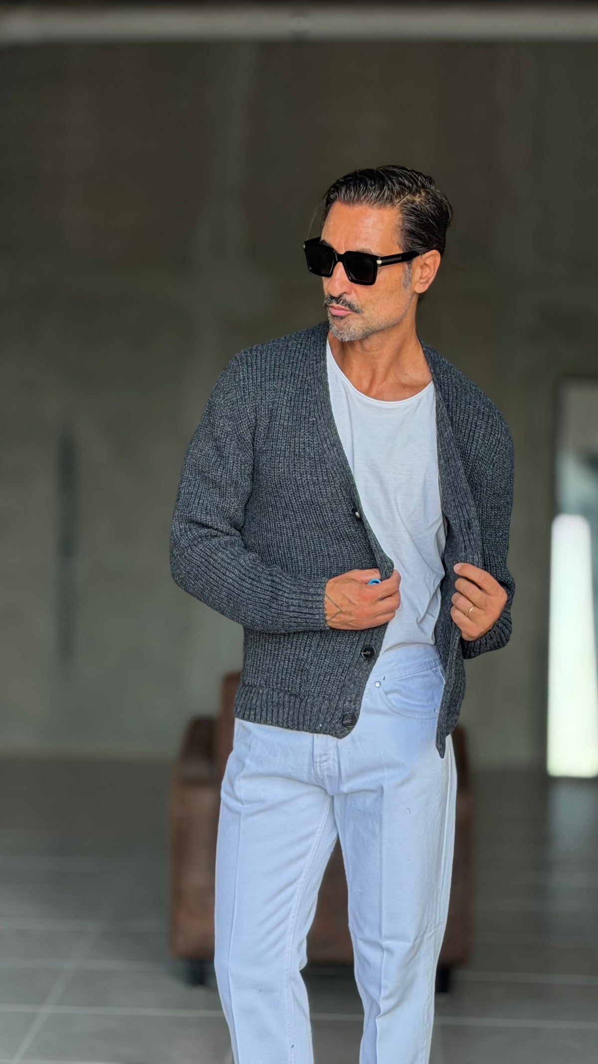 CARDIGAN GRIGIO PIOMBO LANA ALPACA VISCOSA MAGLIA INGLESE ALTATENSIONE (
