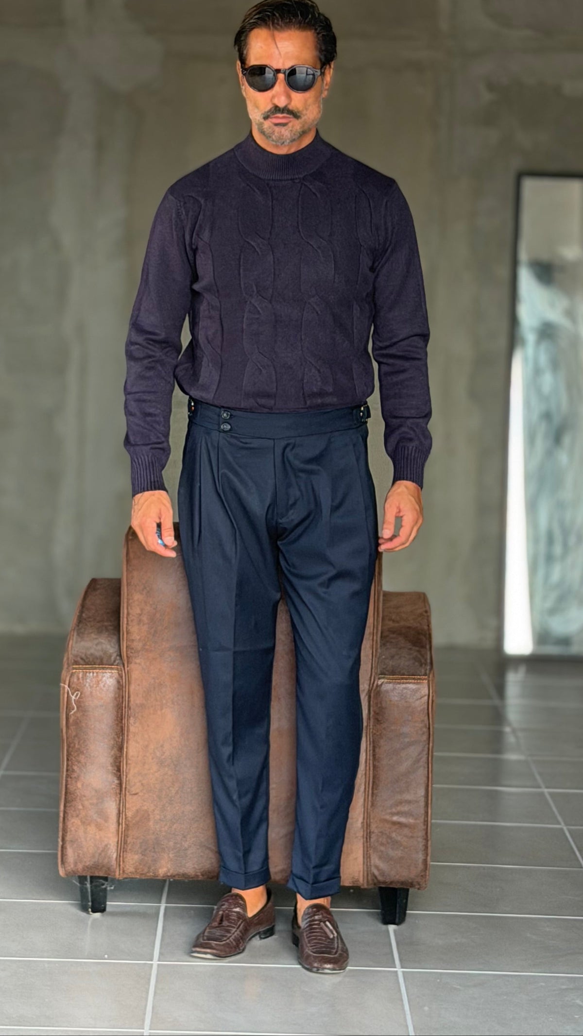 PANTALONE BLU  VITA ALTA PINCES VISCOSA  EFFETTO FLANELLA BATTUTA