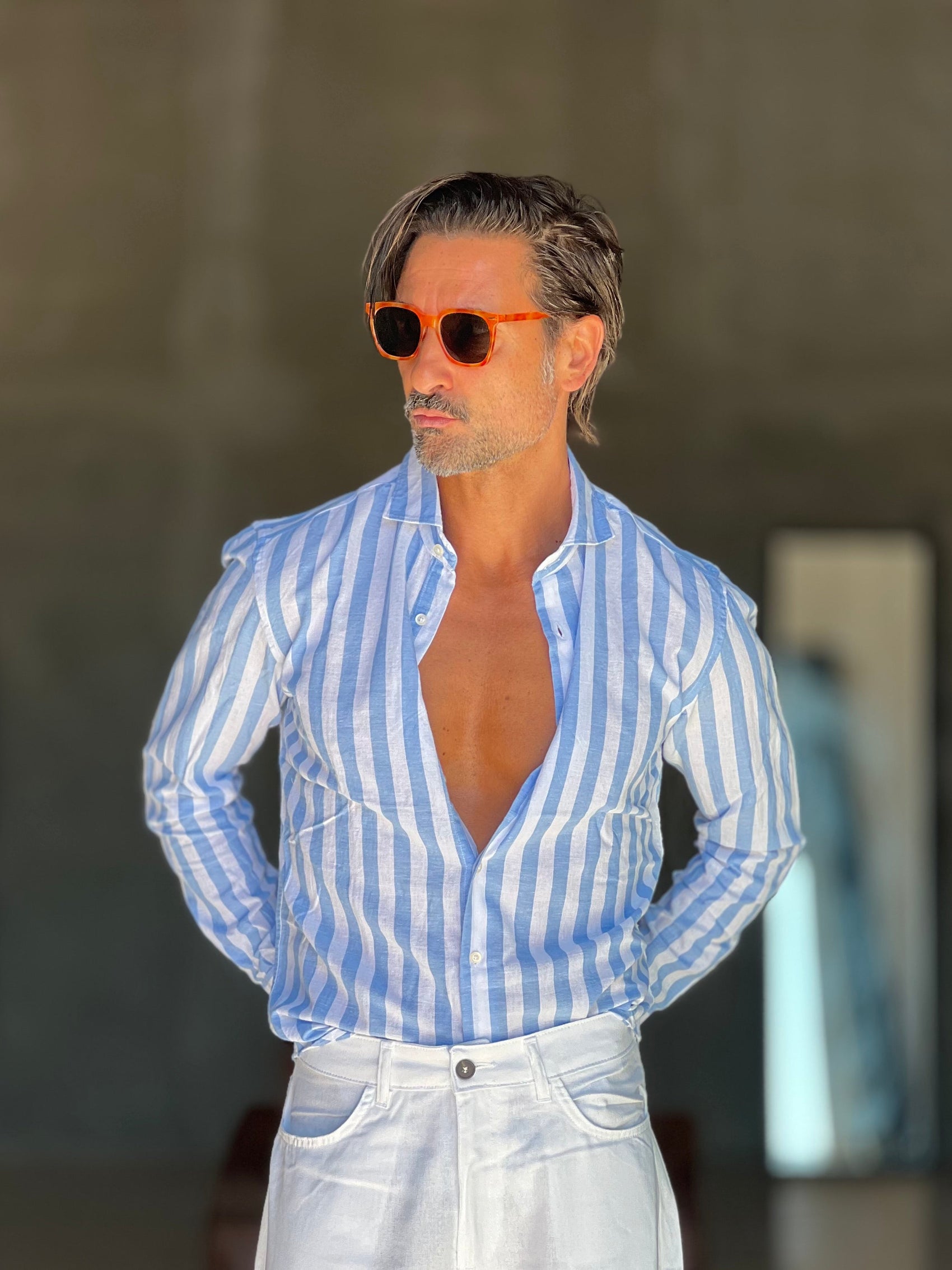 CAMICIA   BACCHETTA GRANDE  BIANCA E CELESTE  LINO E MISTI COLLO ITALIANO