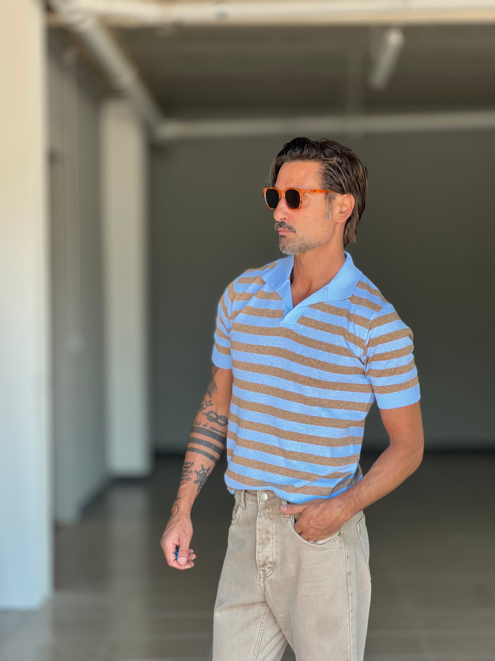 POLO  RIGA AZZURRA E CAMMELLO 0077