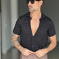 POLO CAMICIA NERA TRAMATURA FORATA BL11