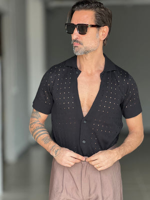 POLO CAMICIA NERA TRAMATURA FORATA BL11