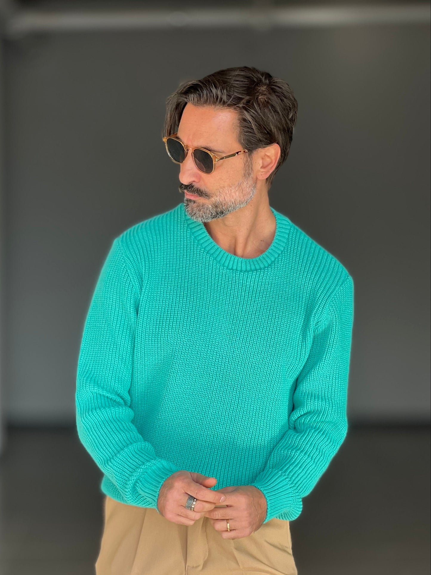 BLUE THREAD COTTON CREW NECK SWEATER