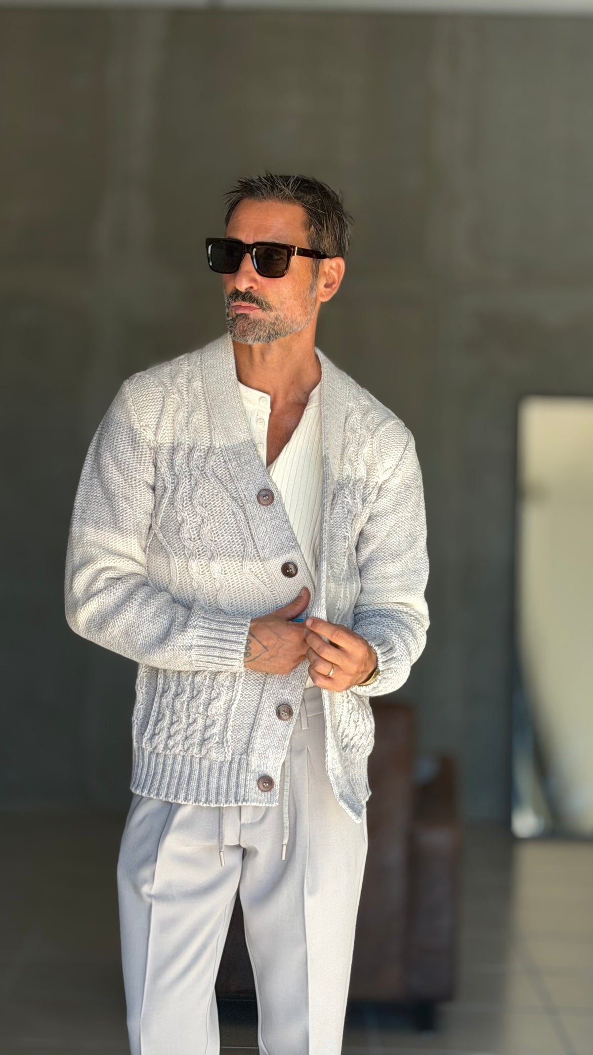 CARDIGAN MAGLIA INGLESE BANDA RIGA PANNA E  GRIGIO BL11