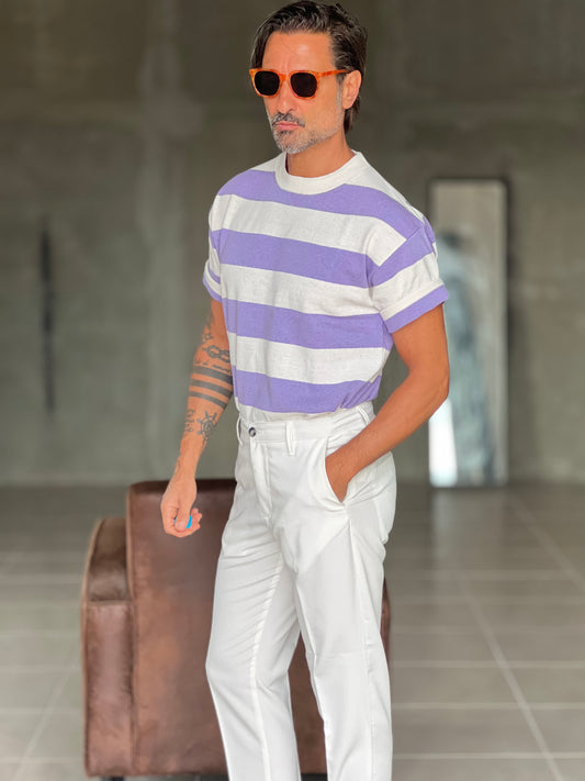 MAGLIA  GIRO RIGA LILLA  E BIANCA