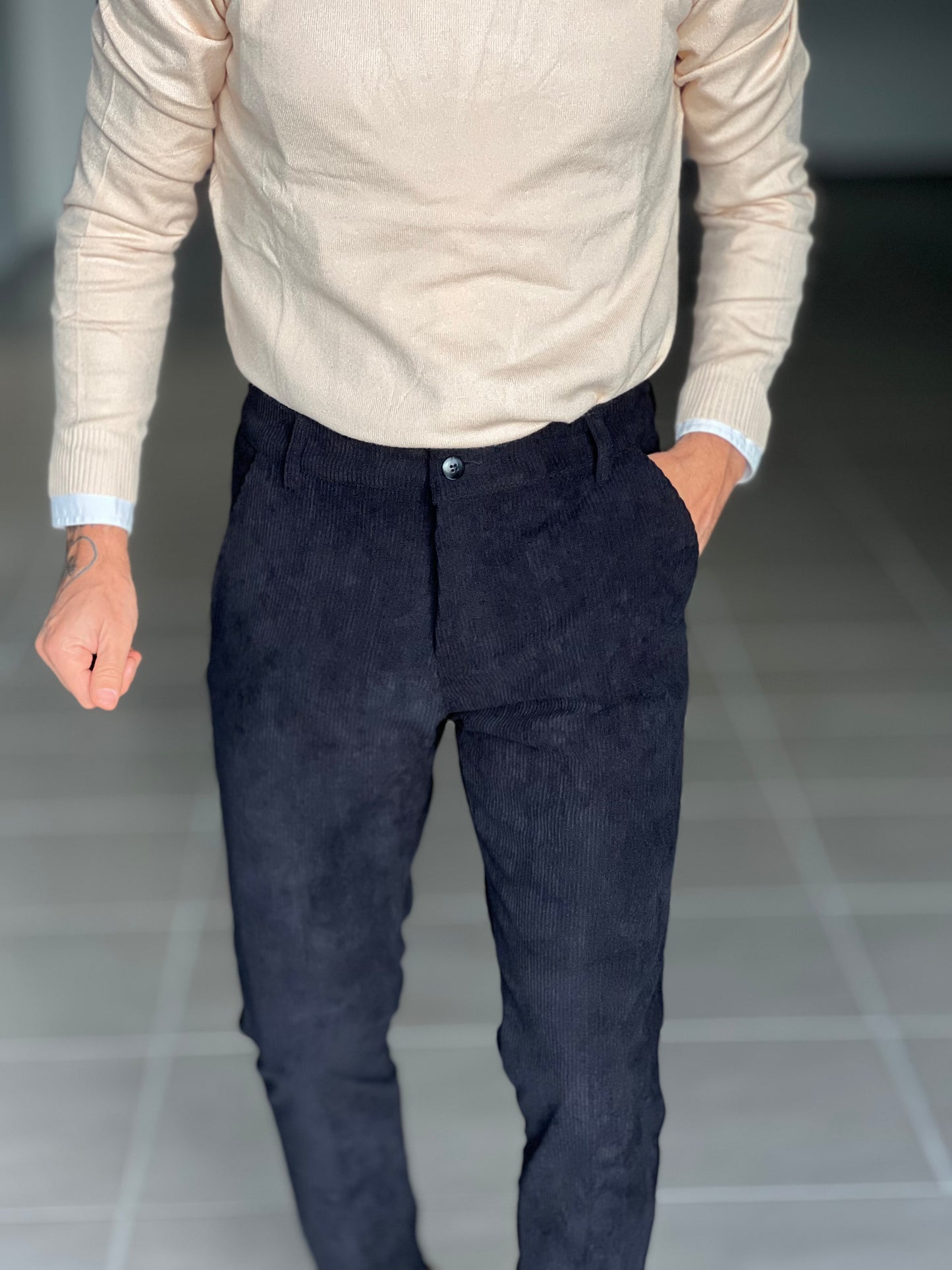 PANTALONE NERO VELLUTO MILLERIGHE GAMBA DRITTA TASCA AMERICA