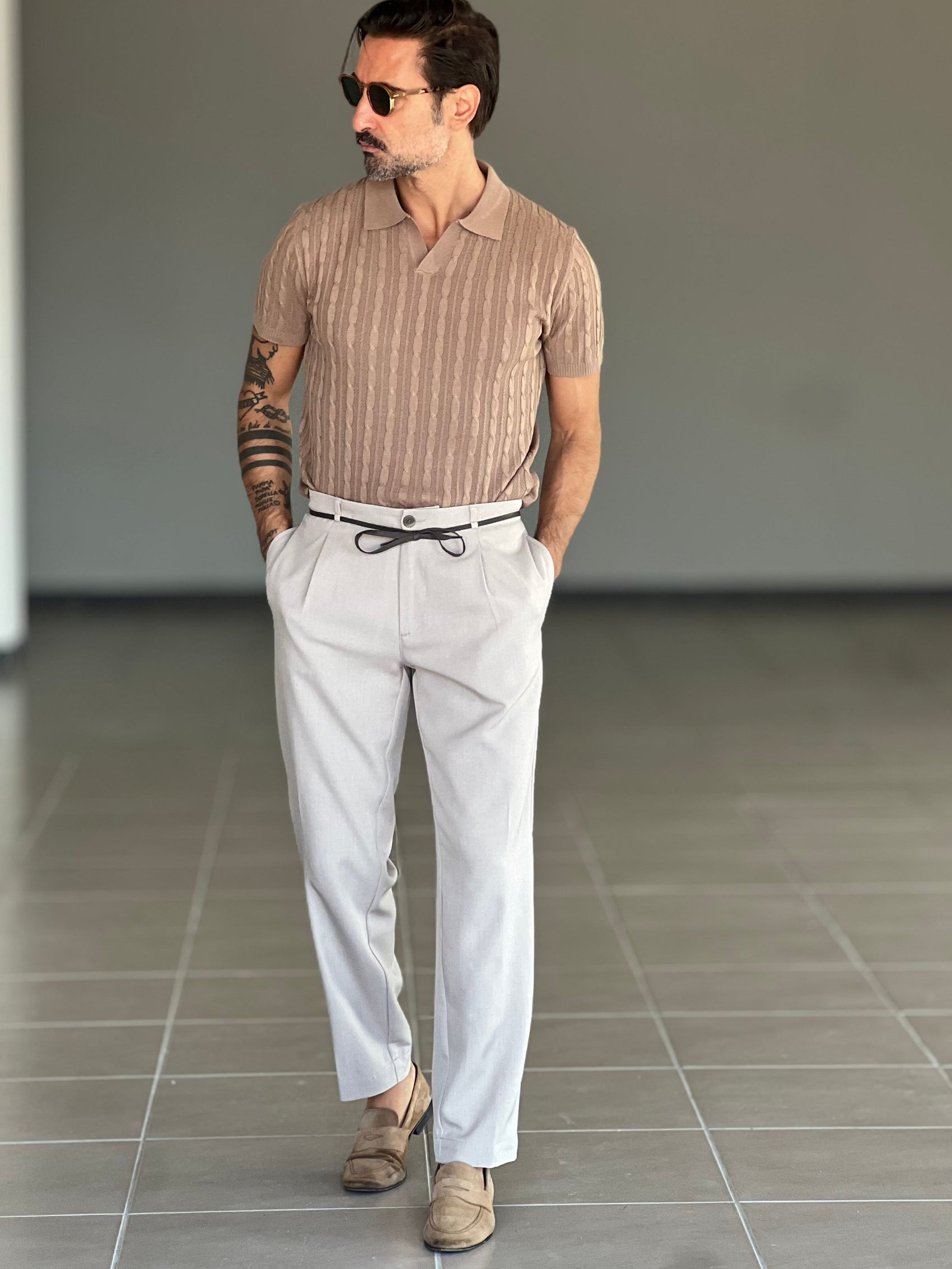 PANTALONE BEGE  ALTATENSIONE PINCES VISCOSA CORDINO ECOPELLE