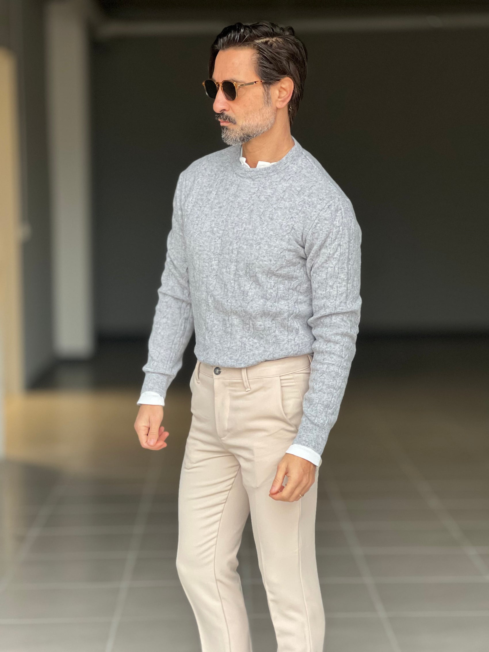 MAGLIA GIRO GRIGIA LANA E CASHEMERE TRECCIA PICCOLA