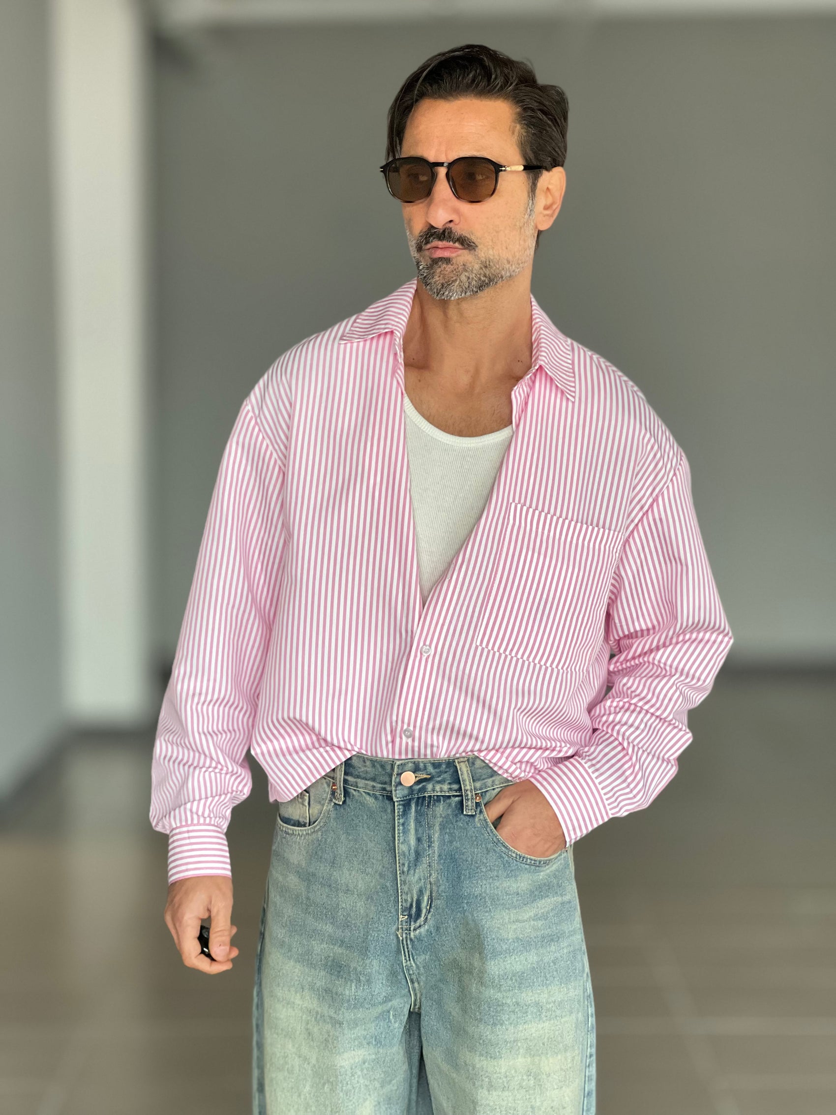 CAMICIA  BACCHETTA BIANCA E ROSA CROP ELASTICIZZATA