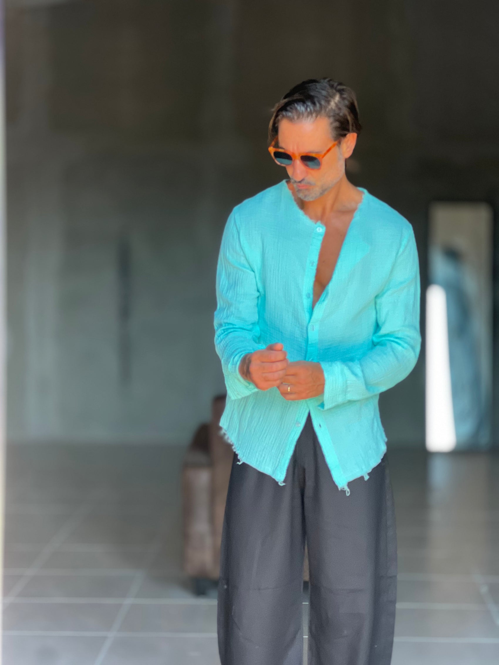 CAMICIA COREANA VERDE ACQUA GOFFRATA COTONE  EFFETTO LINO 278