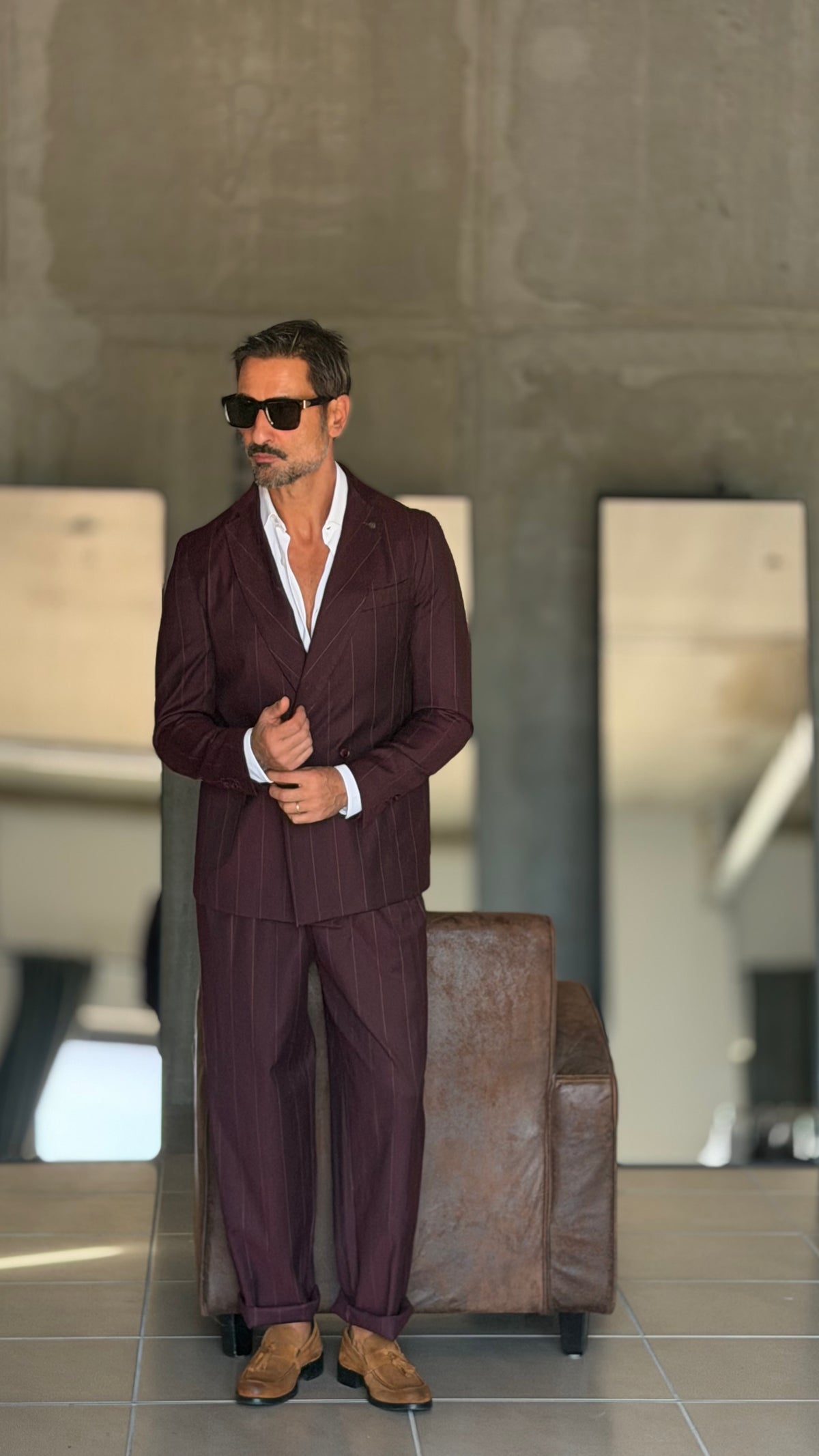 PANTALONE GESSATO PRUGNA MALTINTO VISCOSA  FONDO AMPIO PAUL MIRANDA 1050 (ABBINABILE ALLA GIACCA PRUGNA 1050 ) 636