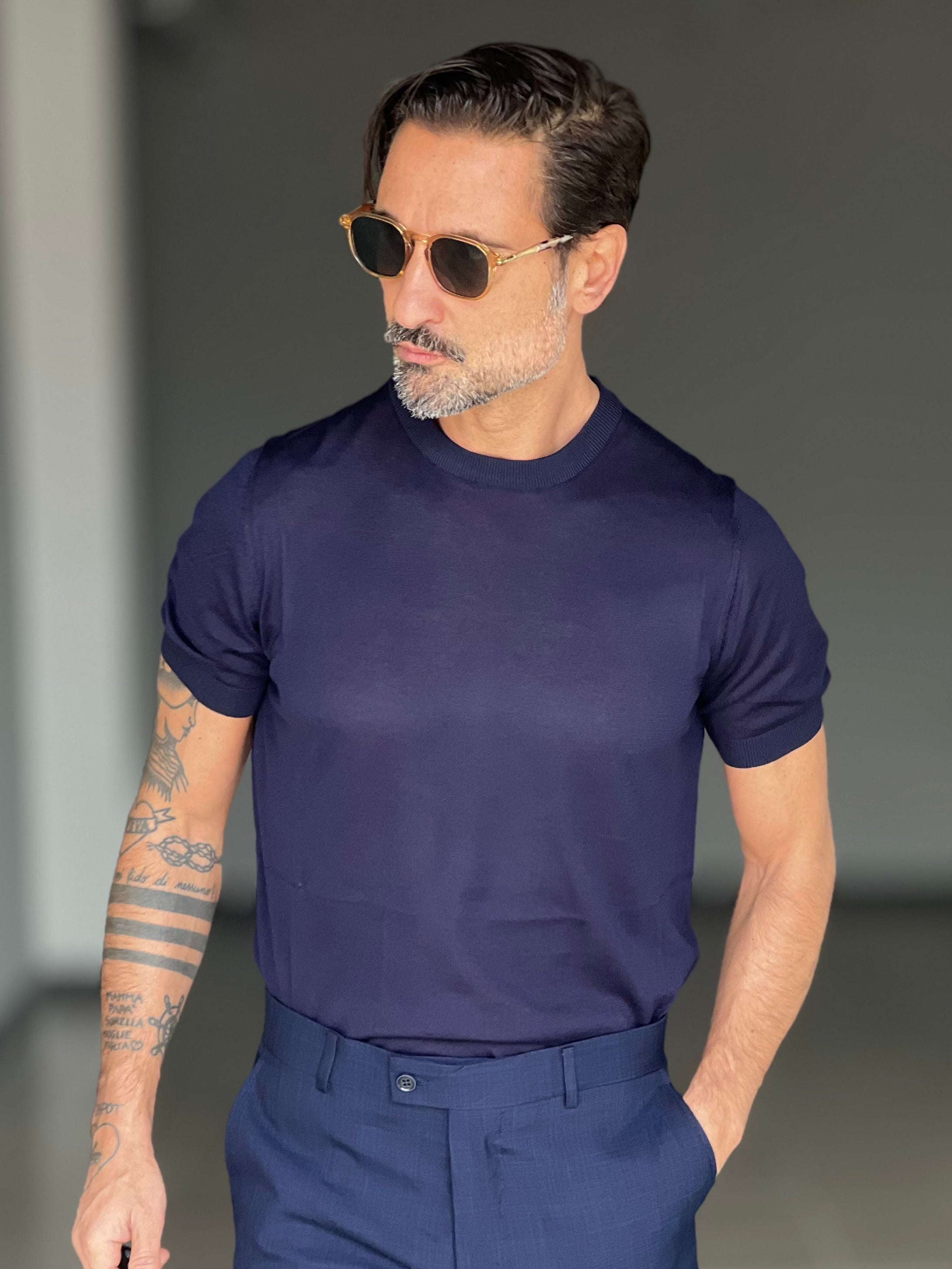 MAGLIA  GIRO BLU  FILO COTONE MISTO SETA