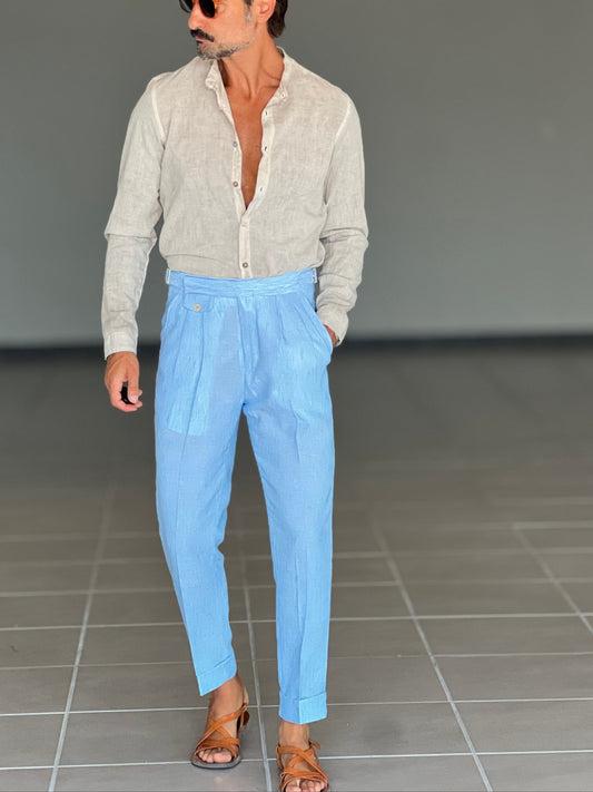 PANTALONE CELESTE  VITA ALTA  LINO E MISTI