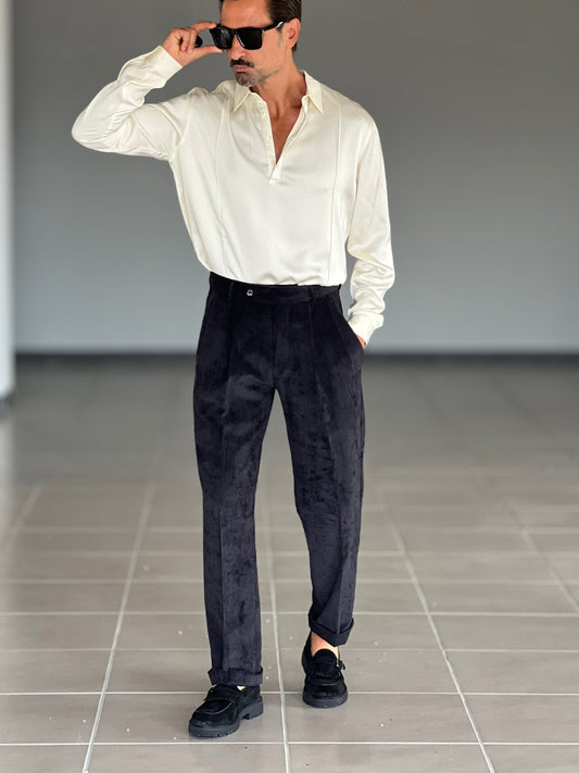PANTALONE VELLUTO NERO PINCES VITA ALTA XAGON
