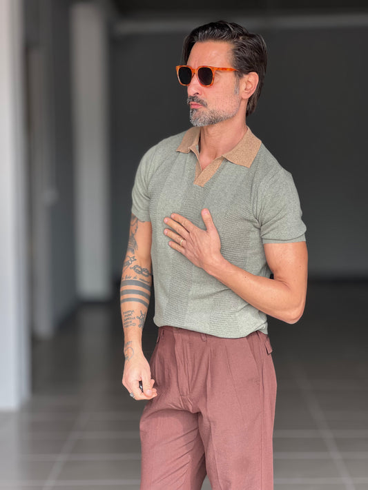 POLO VERDE  COLLO CONTRASTO CAMMELLO TELAMIRA