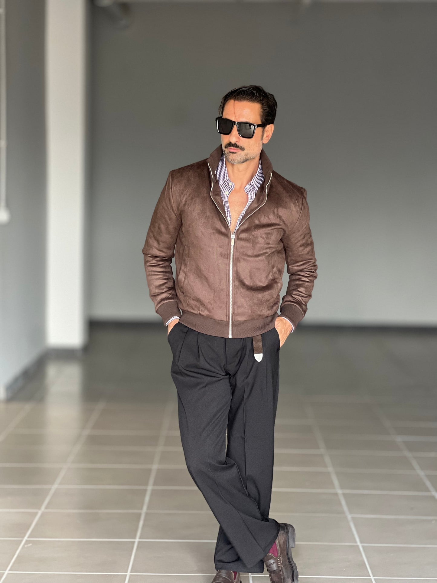 BOMBER ECOSUED MORO COLLO IN MAGLIA