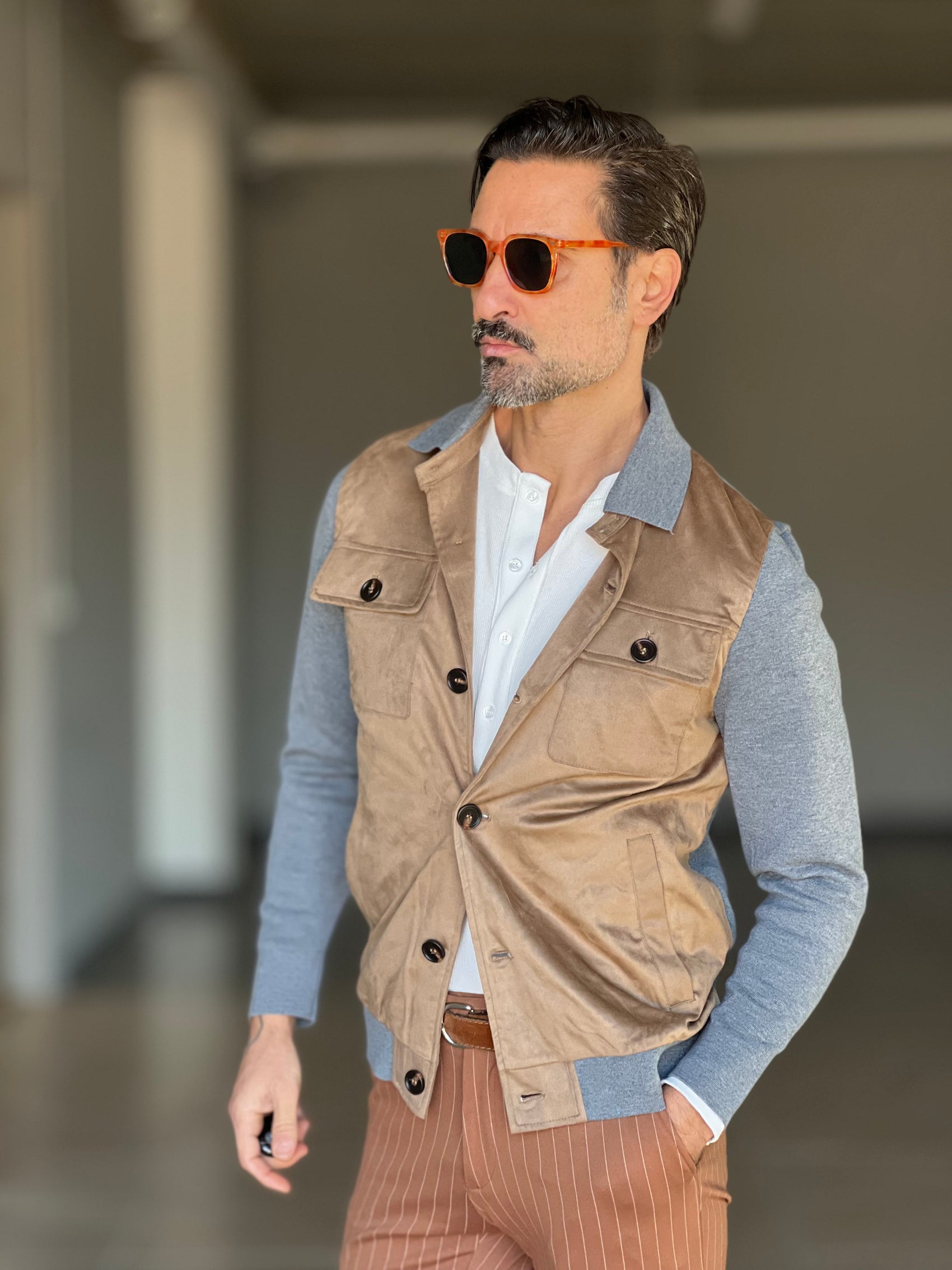 COLLEGE CAMMELLO E GRIGIO  ECORENNA MANICA A CONTRASTO COLLO CAMICIA 006