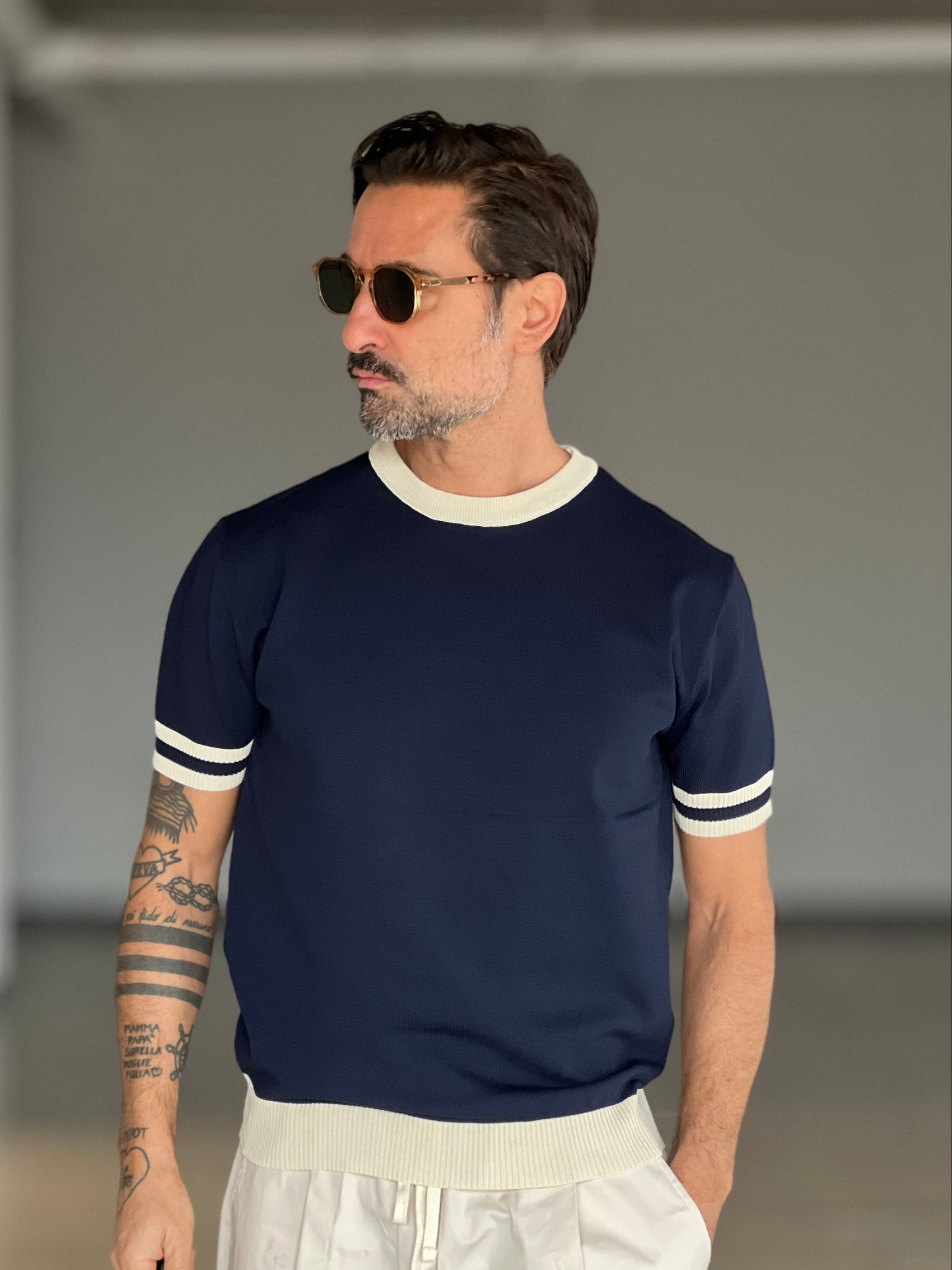 MAGLIA  GIRO BLU  FILO COTONE INSERTI BIANCHI