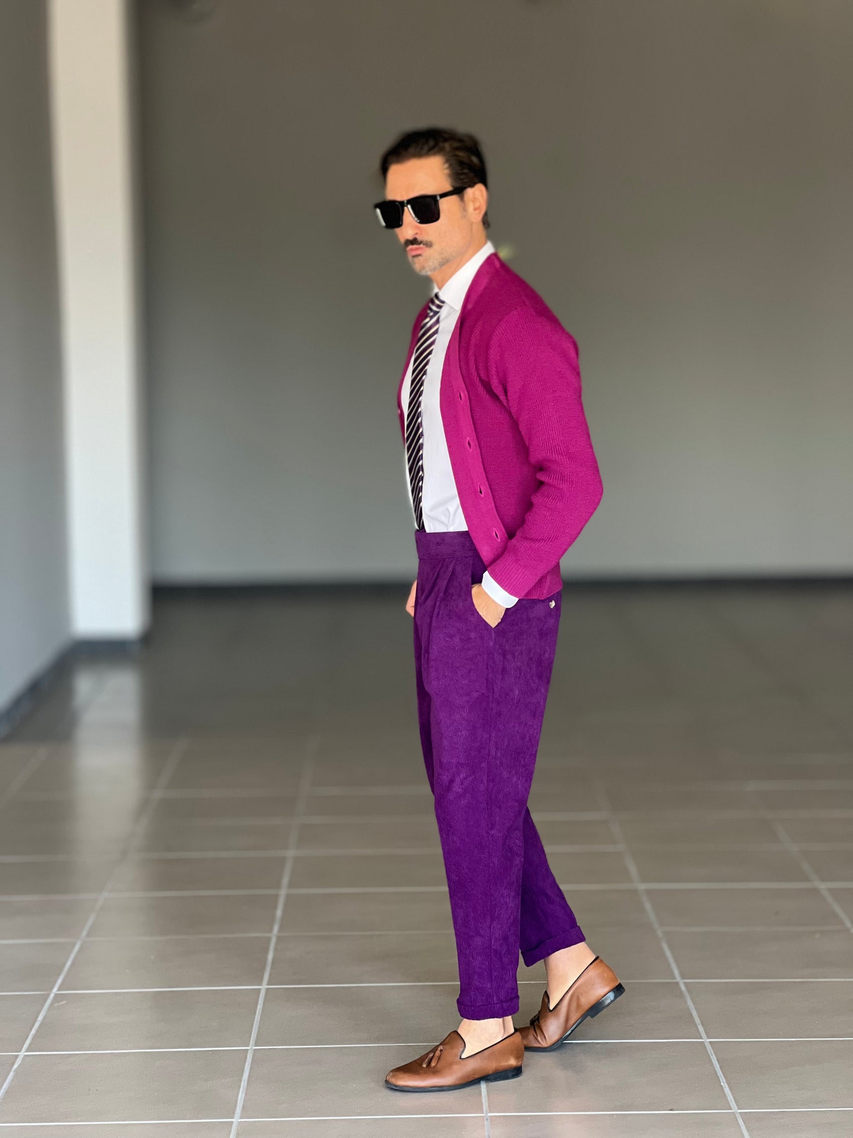 PANTALONE VELLUTO  VIOLA  PINCES VITA ALTA