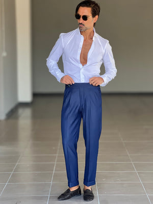 PANTALONE EFFETTO DENIM SCURO  VITA ALTA PINCES VISCOSA petro'