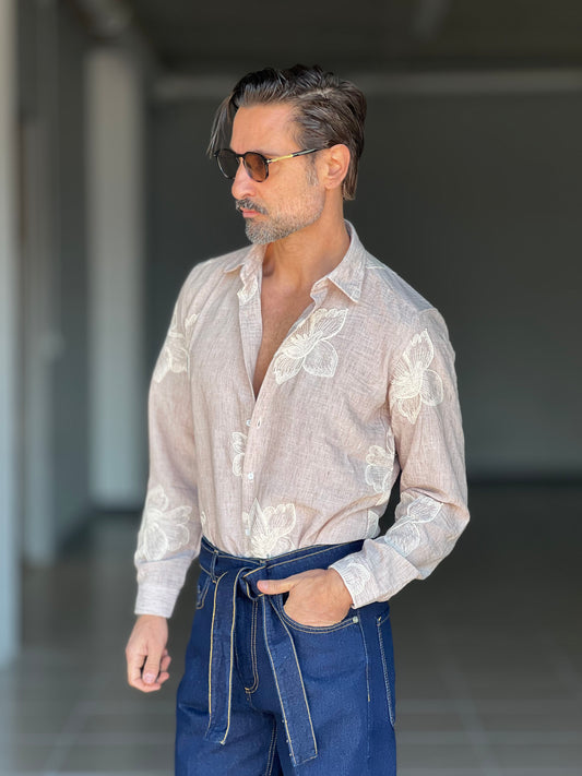 CAMICIA   BEIGE FANTASIA KENIA IN COTONE FIAMMATO  RICAMATA