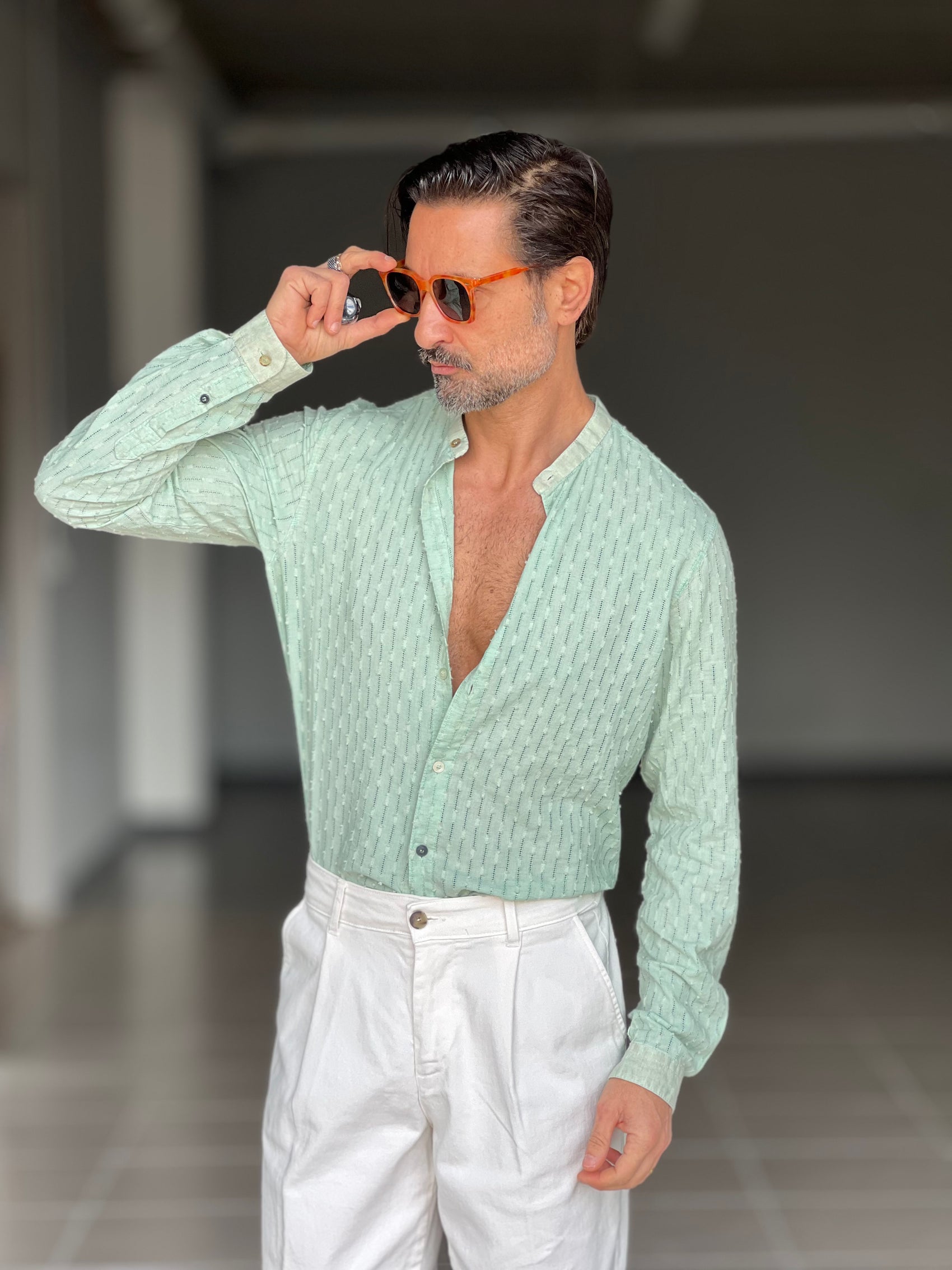 CAMICIA KOON VERDE ACQUA LINO E COTONE LAVORAZIONE TRAMATA 0046