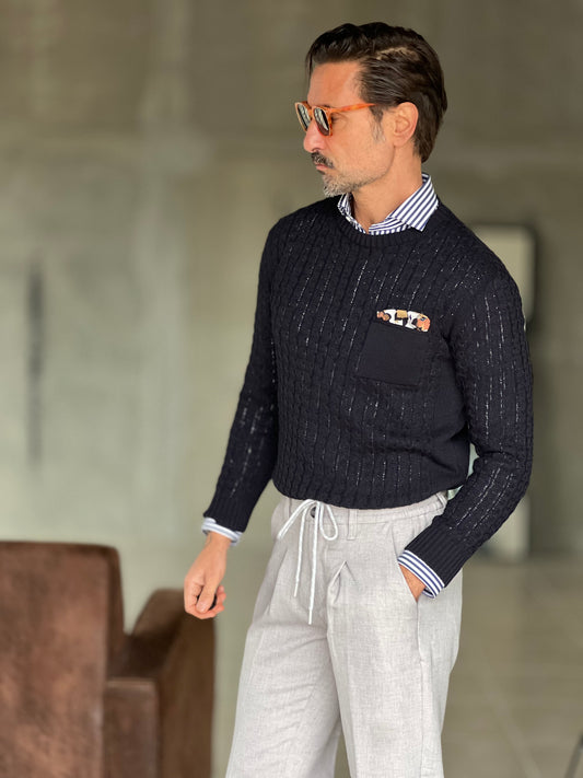 MAGLIA BLU TRECCIA COTONE TASCHINO