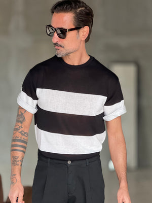 MAGLIA BIANCA RIGA GRANDE NERA IN FILO CROP