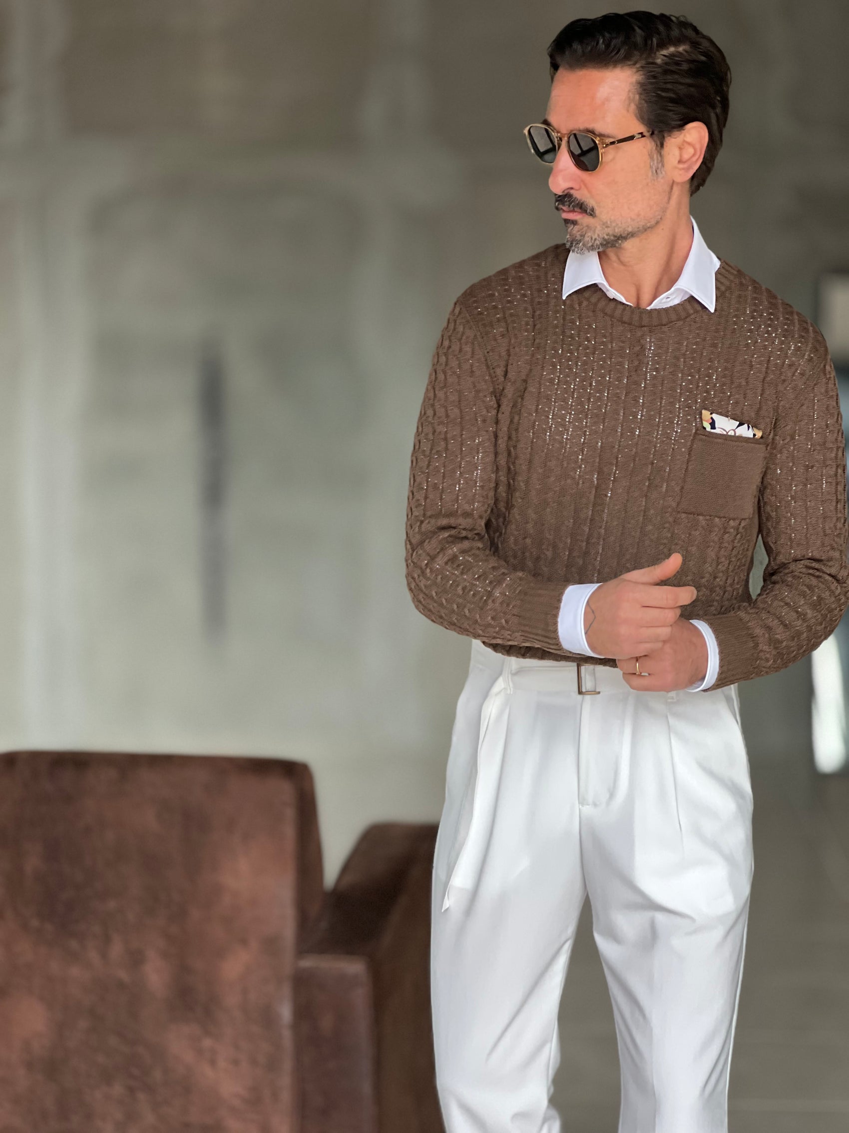 MAGLIA  MORO  TRECCIA COTONE TASCHINO