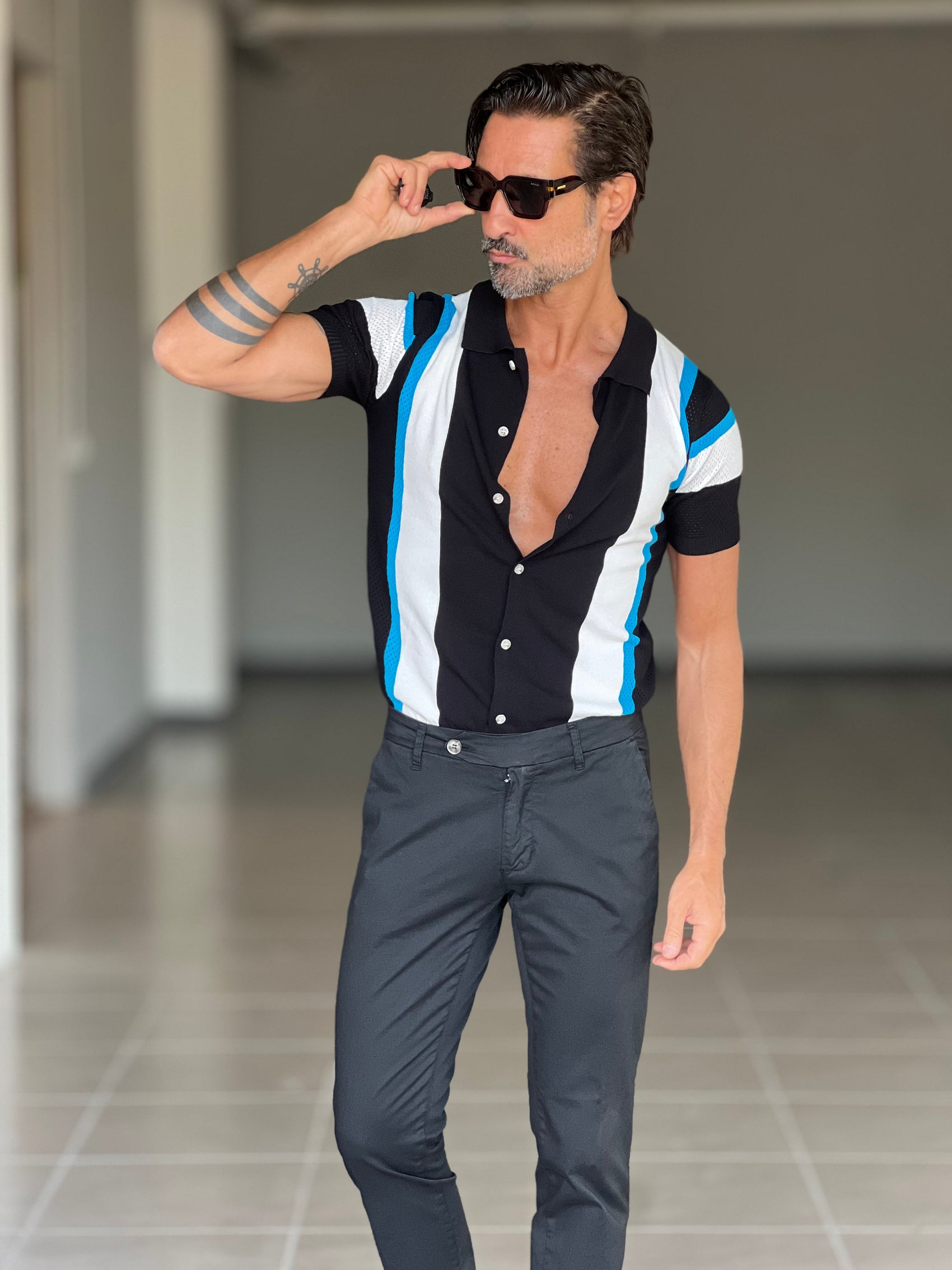 BLUE THREAD COTTON CREW NECK SWEATER