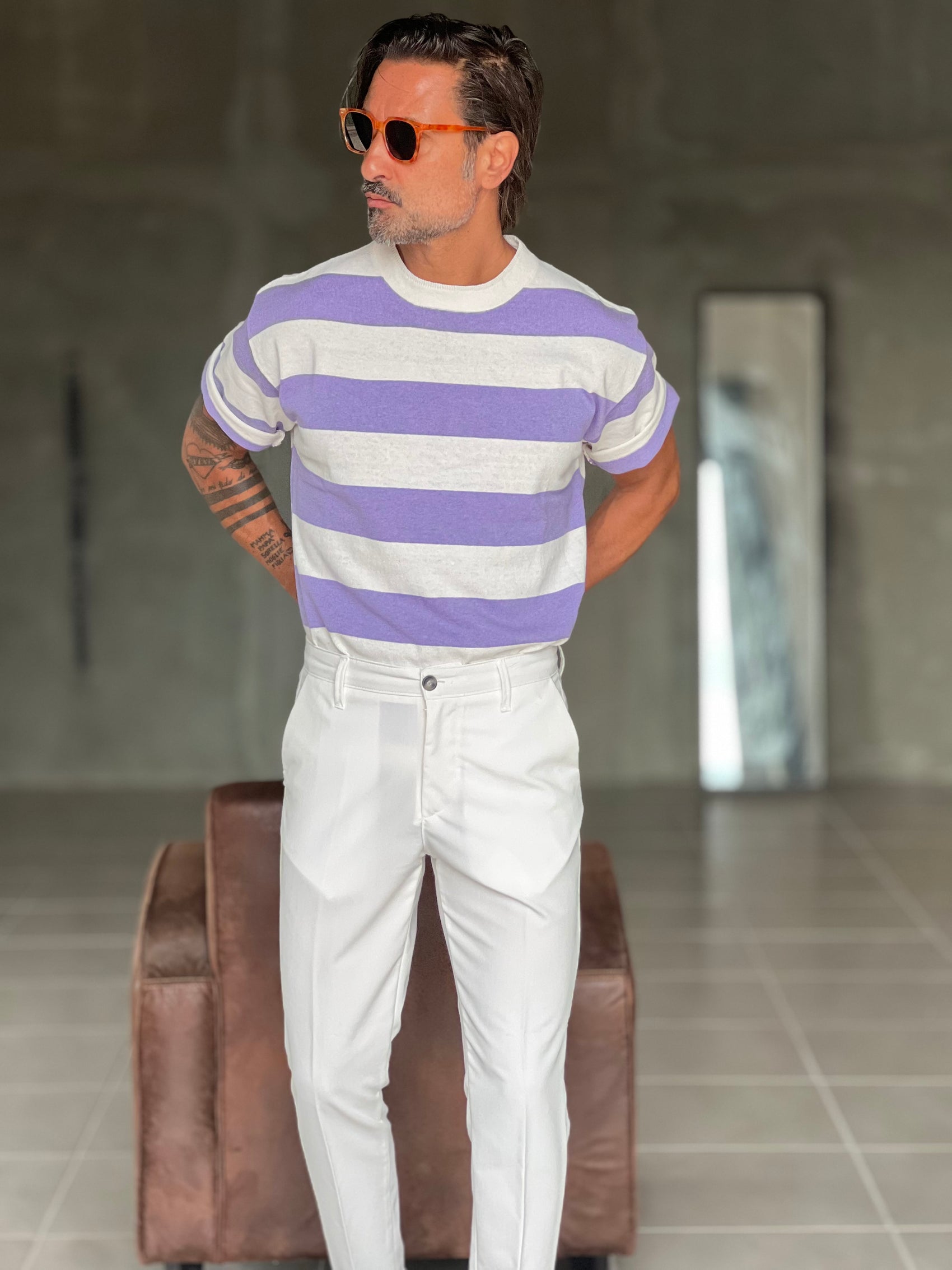 MAGLIA  GIRO RIGA LILLA  E BIANCA 68