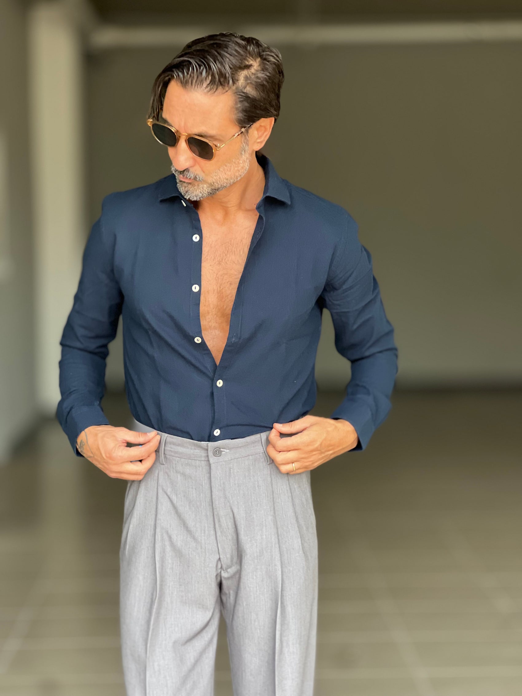 CAMICIA  BLU   LINO E MISTI COLLO ITALIANO