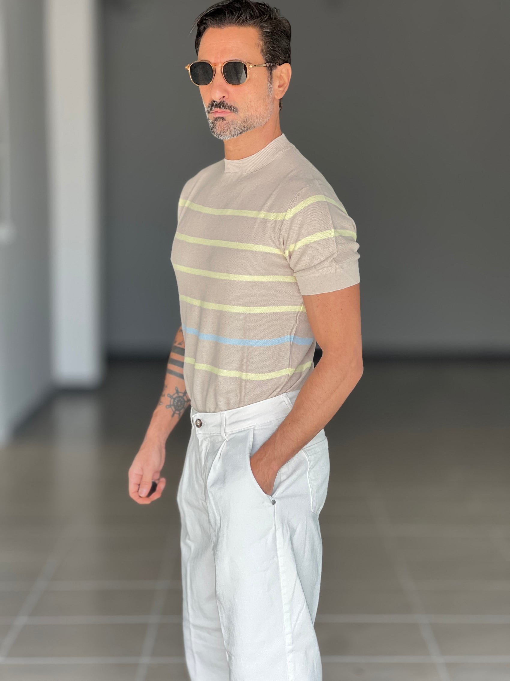 MAGLIA BEIGE  RIGA GIRO IN FILO