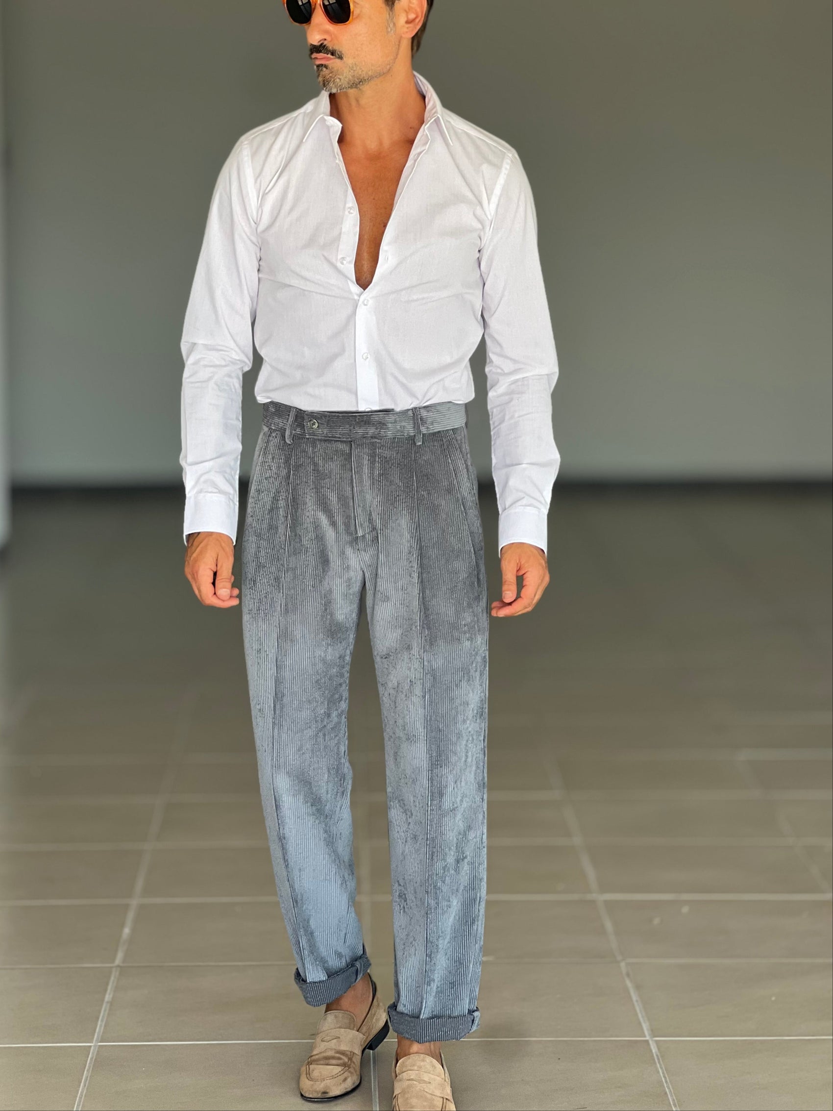 PANTALONE VELLUTO GRIGIO PINCES VITA ALTA XAGON