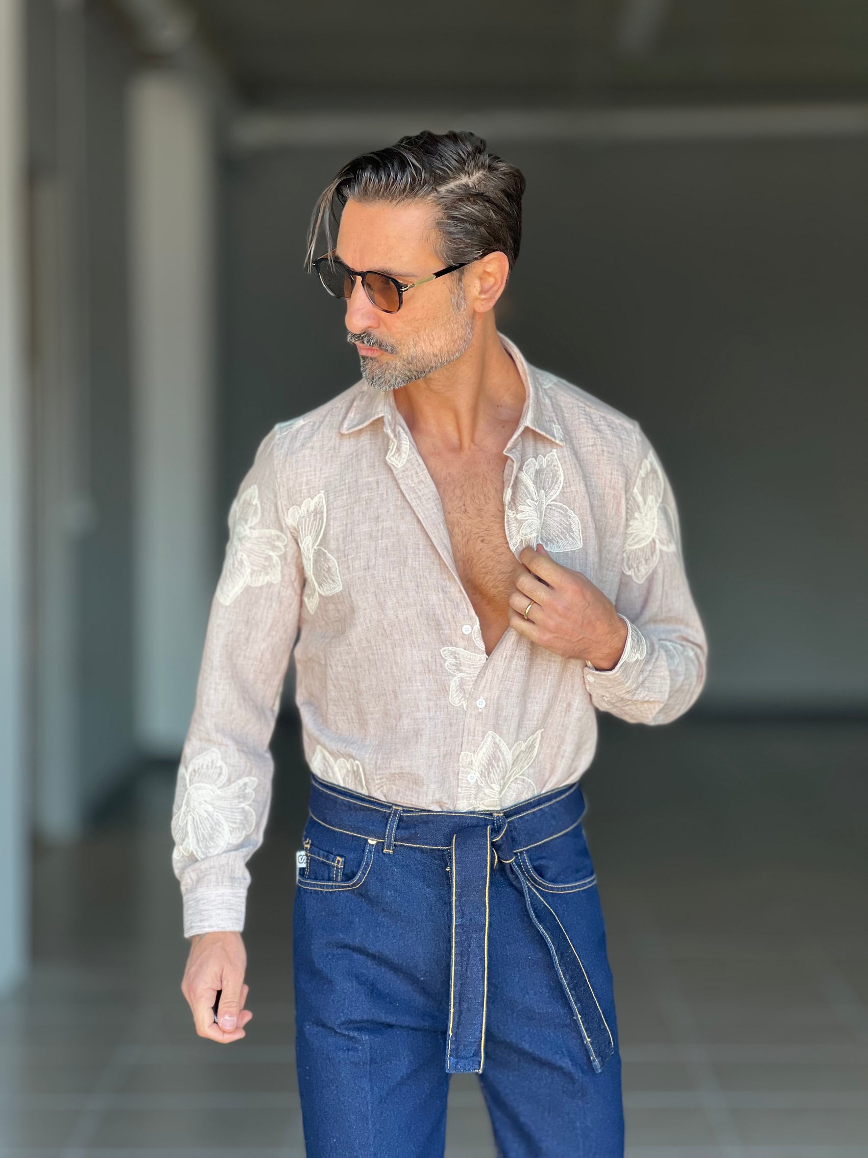 CAMICIA   BEIGE FANTASIA KENIA IN COTONE FIAMMATO  RICAMATA