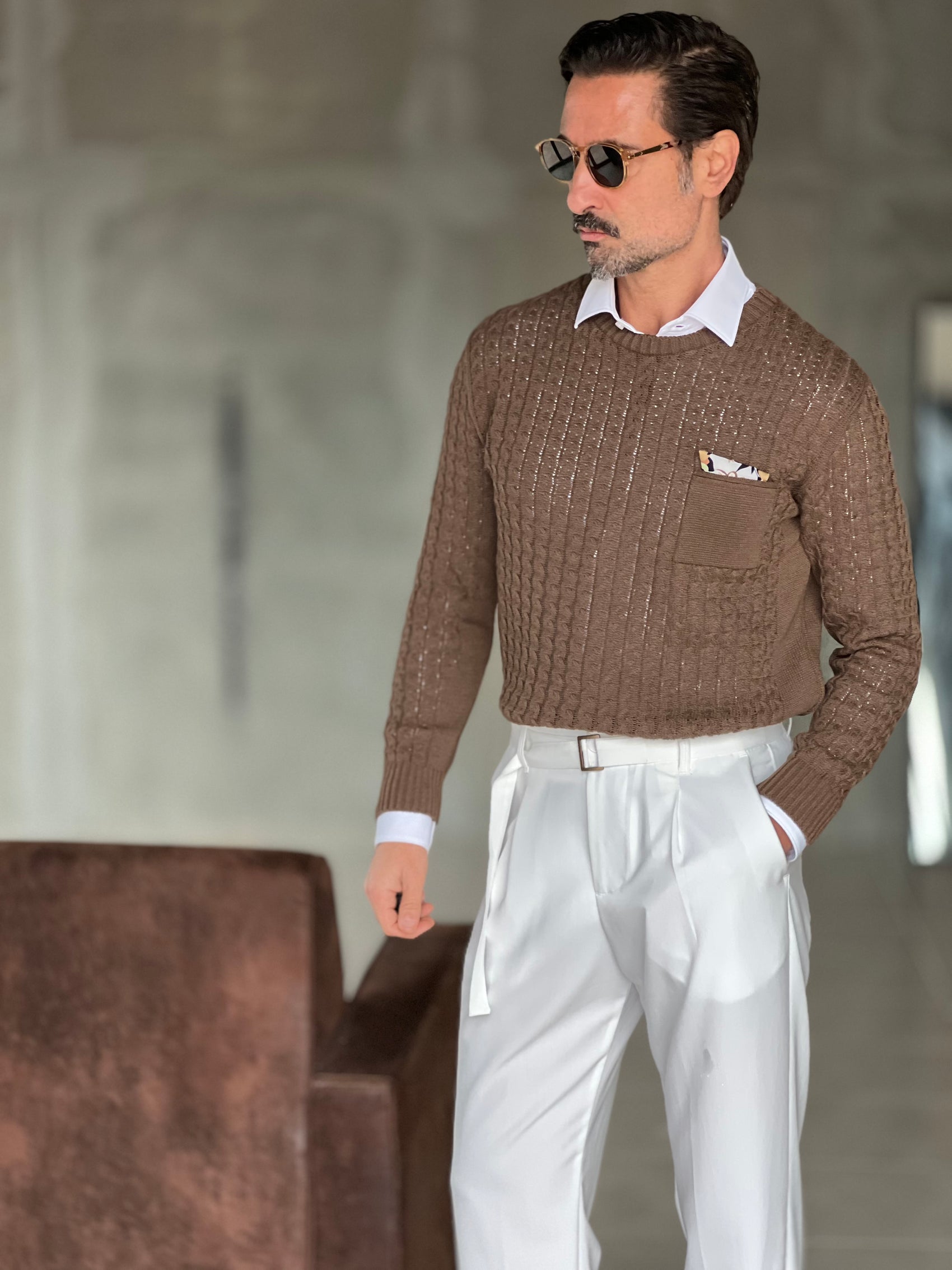 MAGLIA  MORO  TRECCIA COTONE TASCHINO